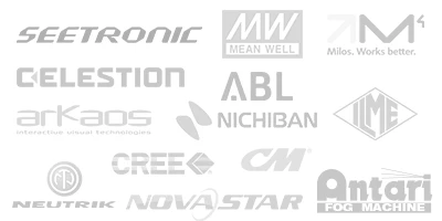 Seetronic, Mean Well, Milos, Celestion, ABL, Nichiban, ArKaos, CREE, CM, Neutrik, NovaStar, Antari